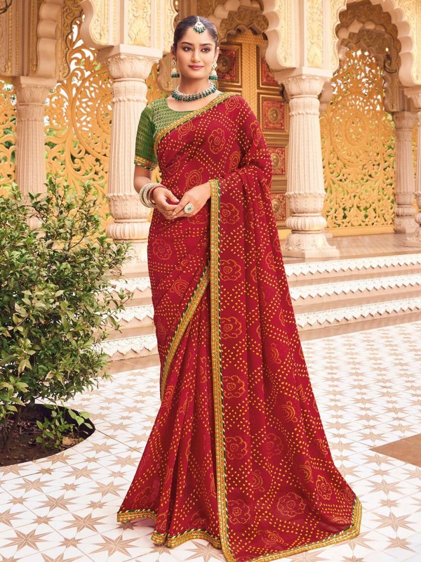 Red Maroon Georgette Chiffon Bandhani Print Saree